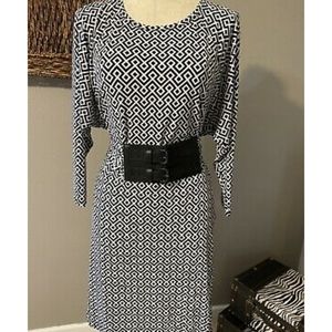 Michael Kors Belted Black & White Geo Print Dress